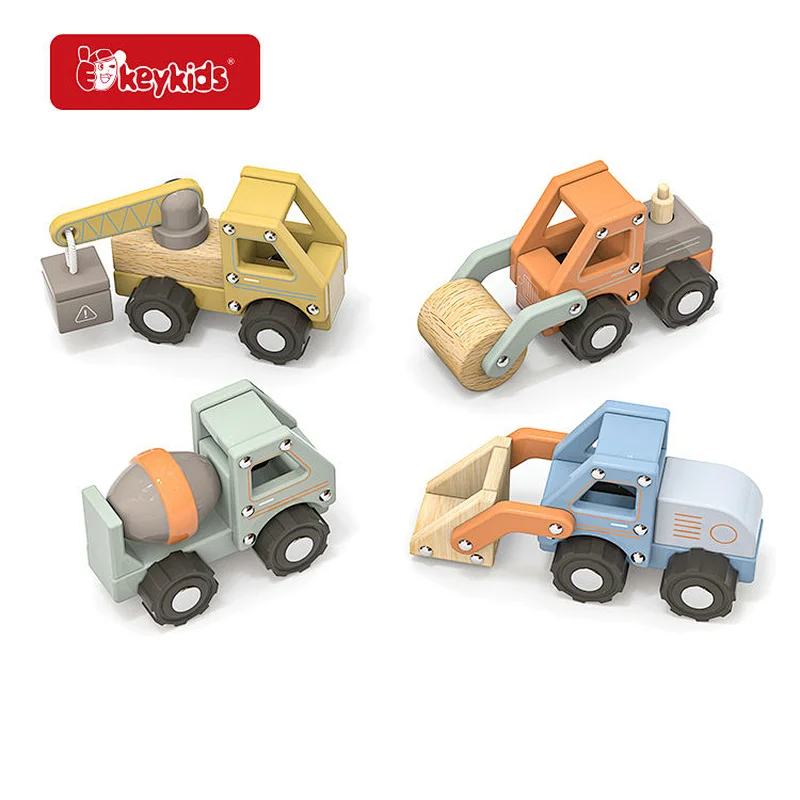 4-Piece Wooden Construction Vehicle Toy Set with Excavator, Roller, Cement Mixer and Crane Truck W04A708